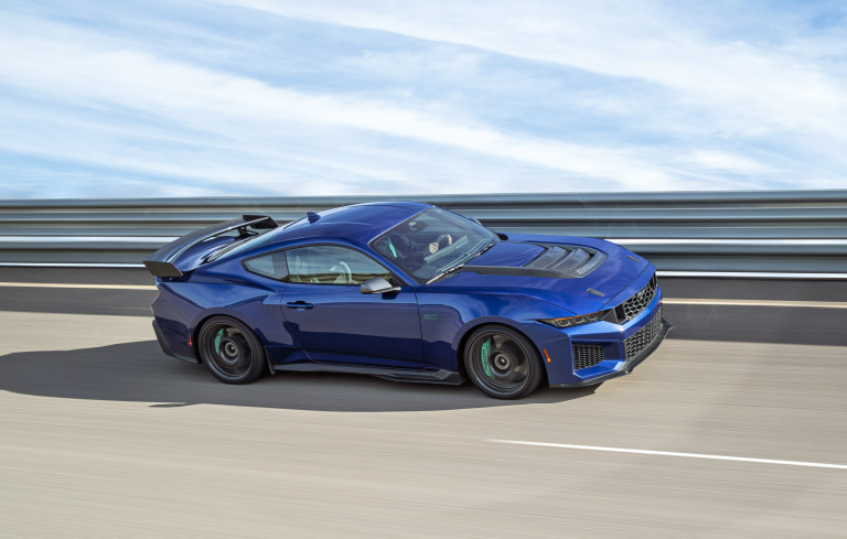 By working with the GTD team, we were able to adopt Brembo carbon-ceramic brakes and Michelin Pilot Sport Cup2 R tires for the Mustang Dark Horse SC Track Pack. Prototype vehicle shown. Actual production vehicle may vary. Available summer 2026.